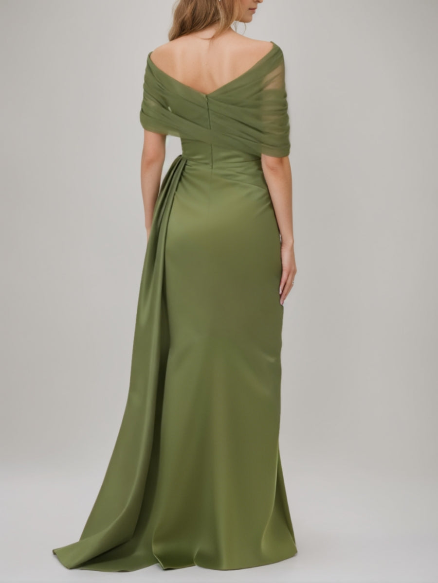 Trumpet/Mermaid Off-The-Shoulder Evening Dresses with Split Front Satin Tulle Floor-Length Party Dresses