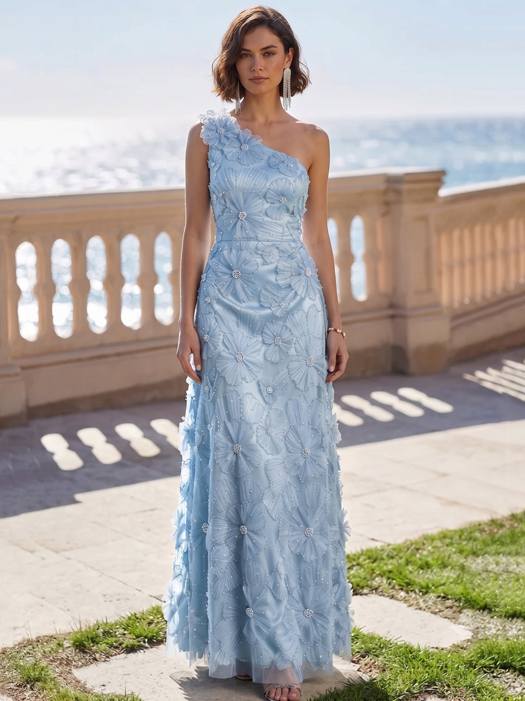 Light Blue A-Line One-Shoulder Sleeveless Floral Maxi Dress