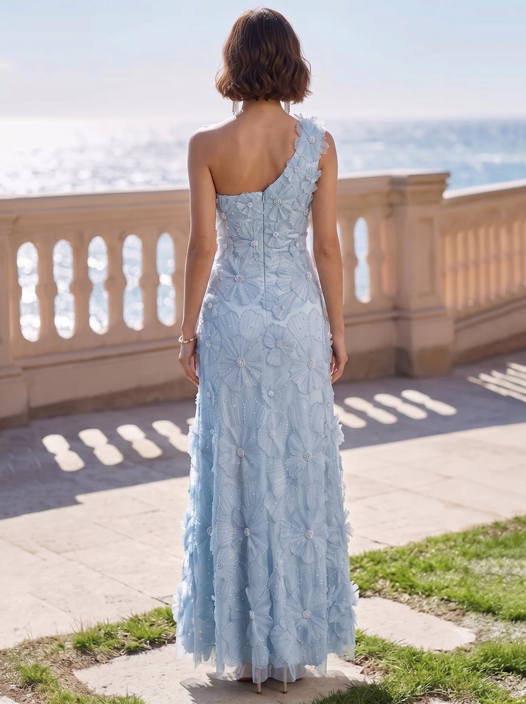 Light Blue A-Line One-Shoulder Sleeveless Floral Maxi Dress