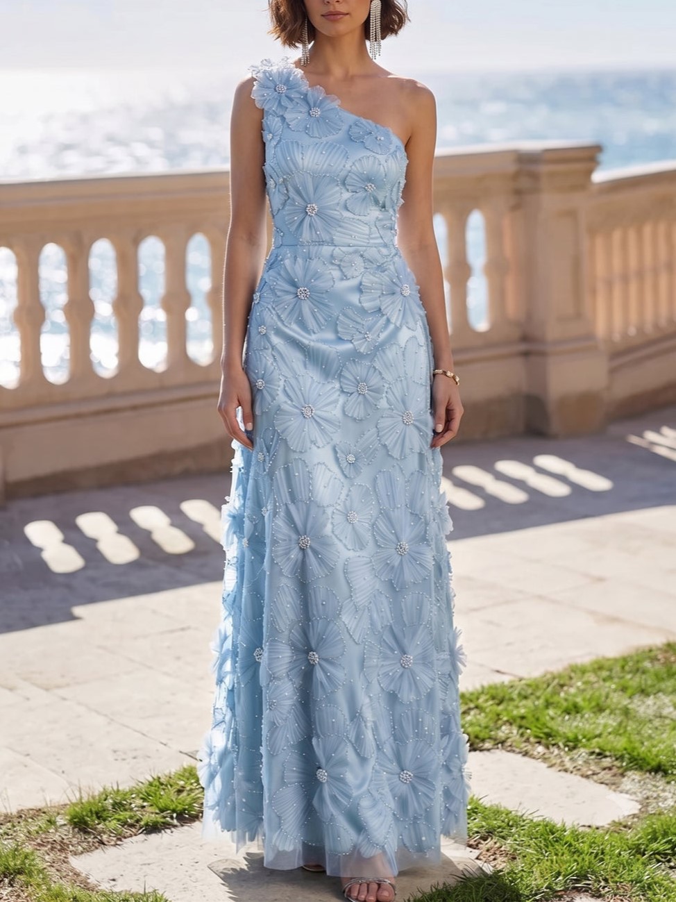 Light Blue A-Line One-Shoulder Sleeveless Floral Maxi Dress