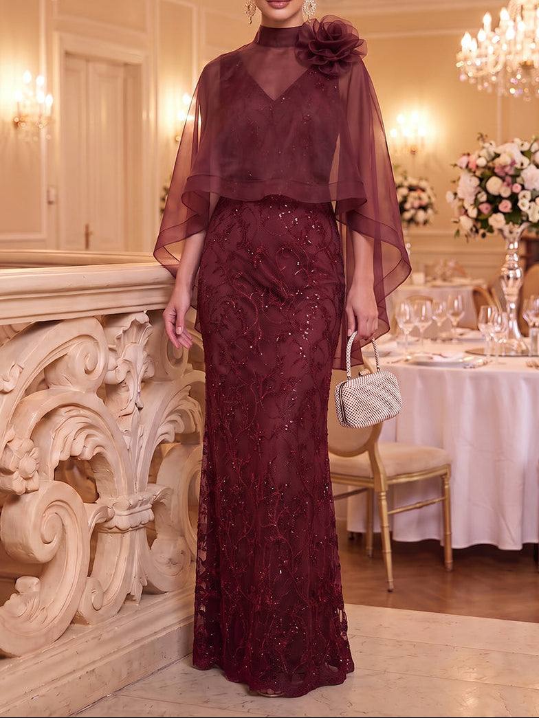 burgundy organza dress High Neck Sleeveless Sequin Embellished Cape Mermaid Maxi – vulldy Shoe size:6.5