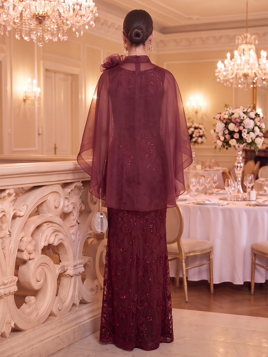 Burgundy High Neck Sleeveless Sequin Embellished Organza Cape Mermaid Maxi Dress