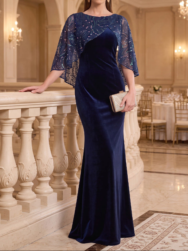 Navy Blue Round Neck 3/4 Cape Sleeve Sequin Embellished Mermaid Maxi Dress