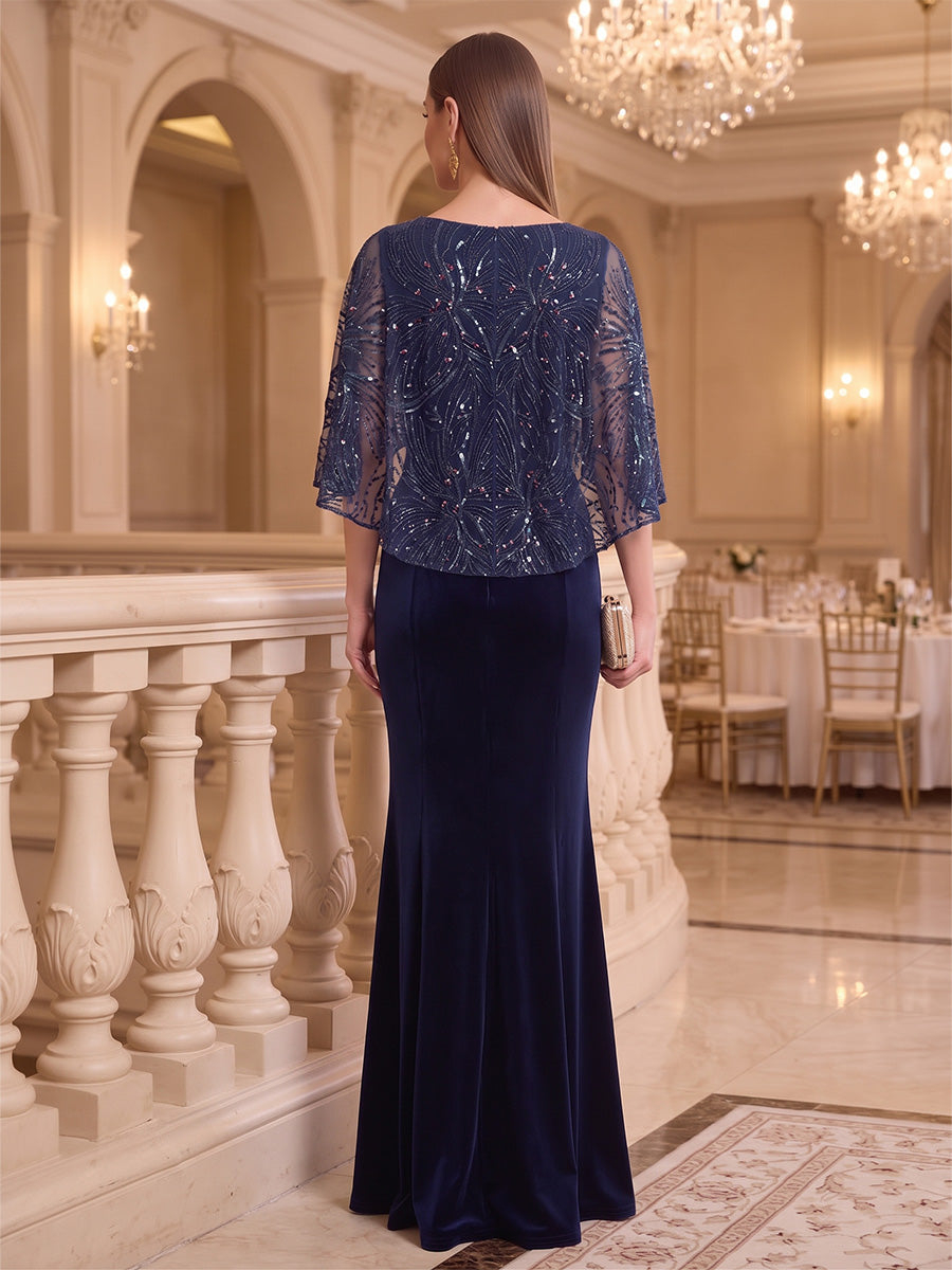 Navy Blue Round Neck 3/4 Cape Sleeve Sequin Embellished Mermaid Maxi Dress