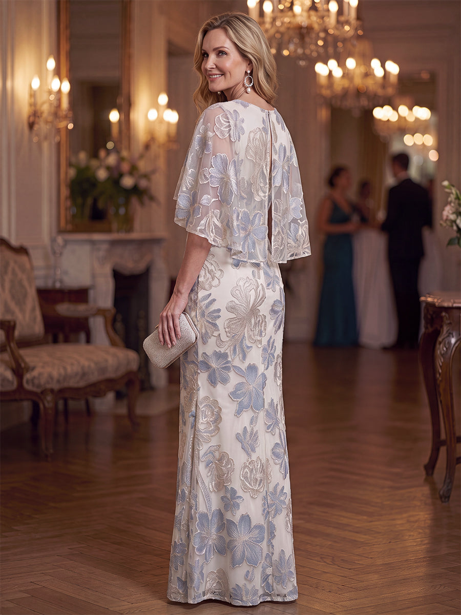 Ivory Blue Short Flutter Sleeve V-Neck Mermaid Floral Applique Maxi Dress
