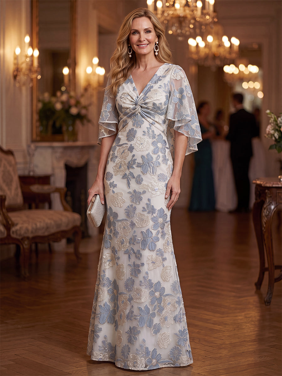 Ivory Blue Short Flutter Sleeve V-Neck Mermaid Floral Applique Maxi Dress
