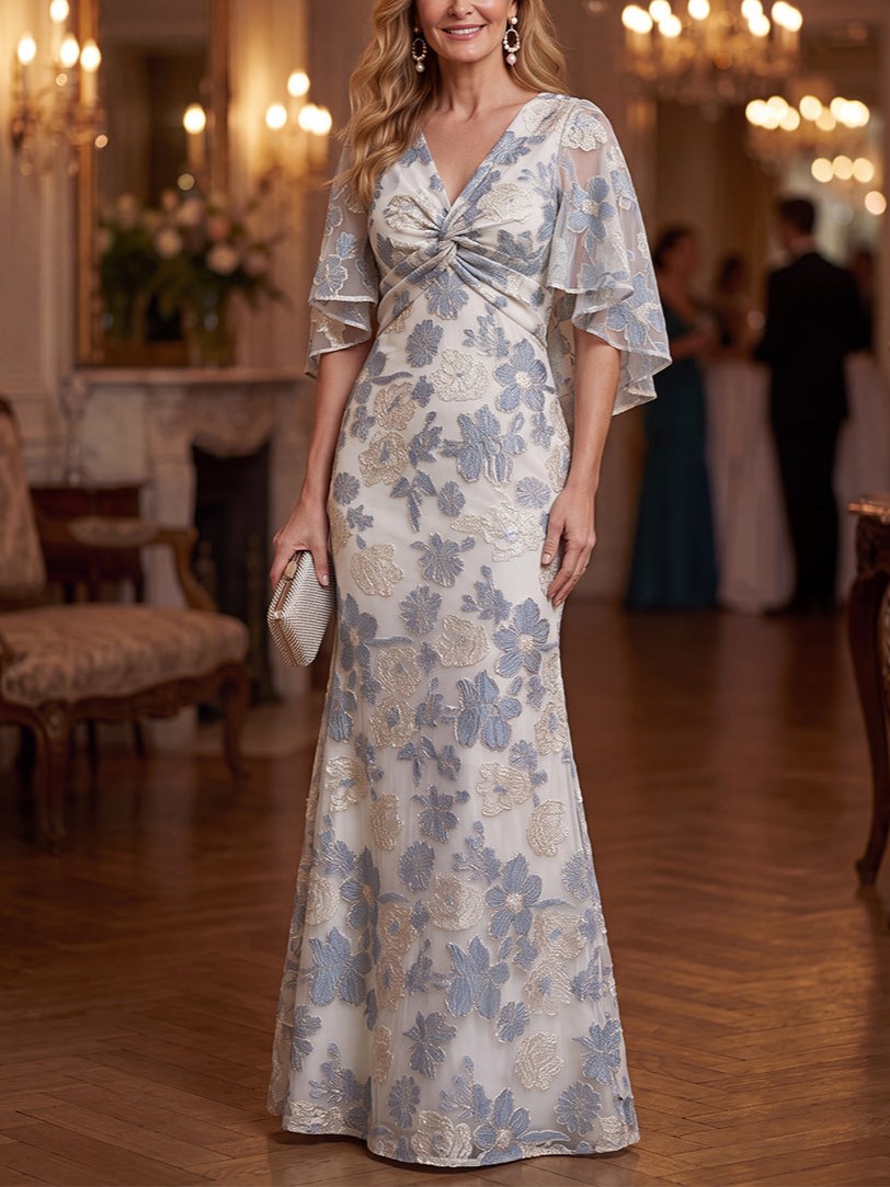 Ivory Blue Short Flutter Sleeve V-Neck Mermaid Floral Applique Maxi Dress