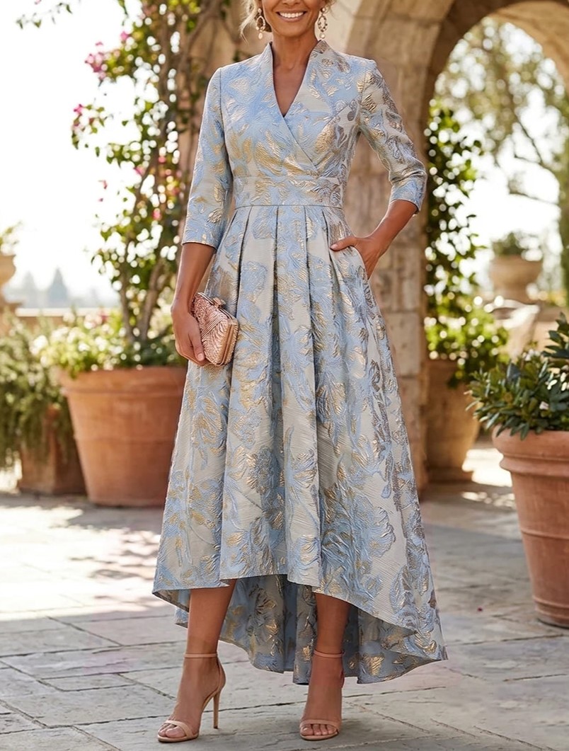 Light Blue Gold Jacquard V-Neck 3/4 Sleeve A‑Line Tea‑Length Maxi Dress