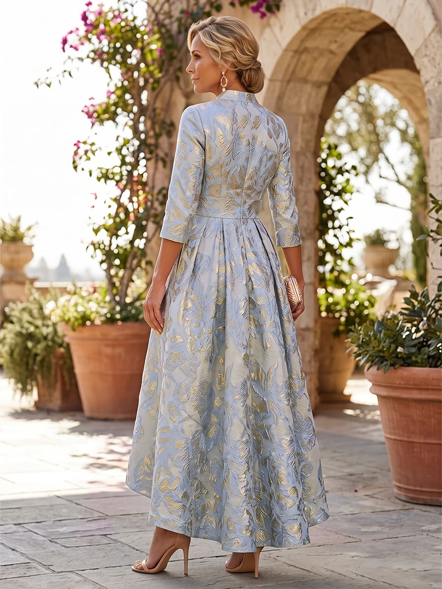 Light Blue Gold Jacquard V-Neck 3/4 Sleeve A‑Line Tea‑Length Maxi Dress