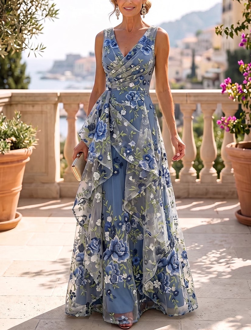 Dusty Blue Sleeveless V-Neck A-Line Floral Embroidery Ruffle Overlay Maxi Dress