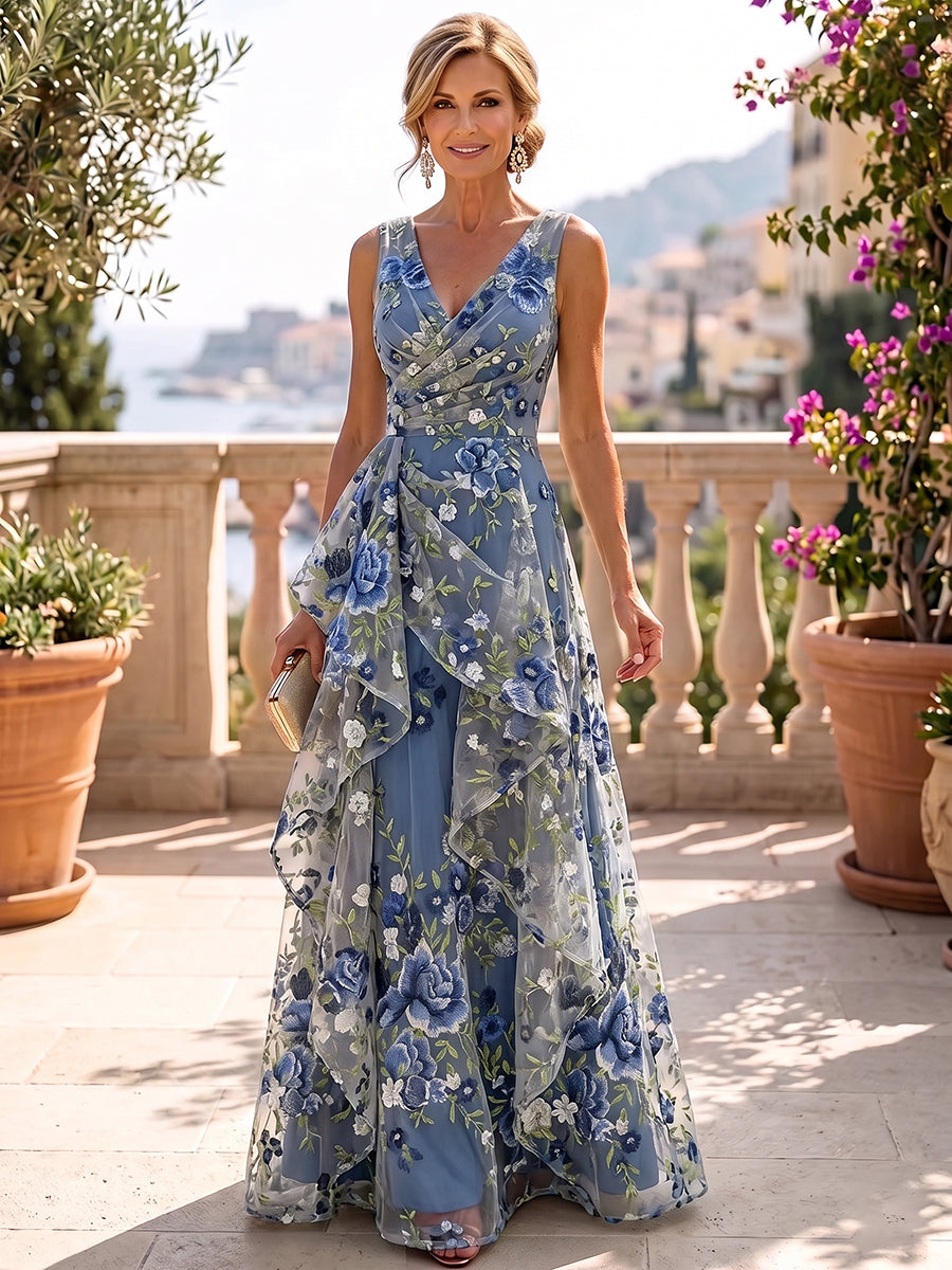 Dusty Blue Sleeveless V-Neck A-Line Floral Embroidery Ruffle Overlay Maxi Dress