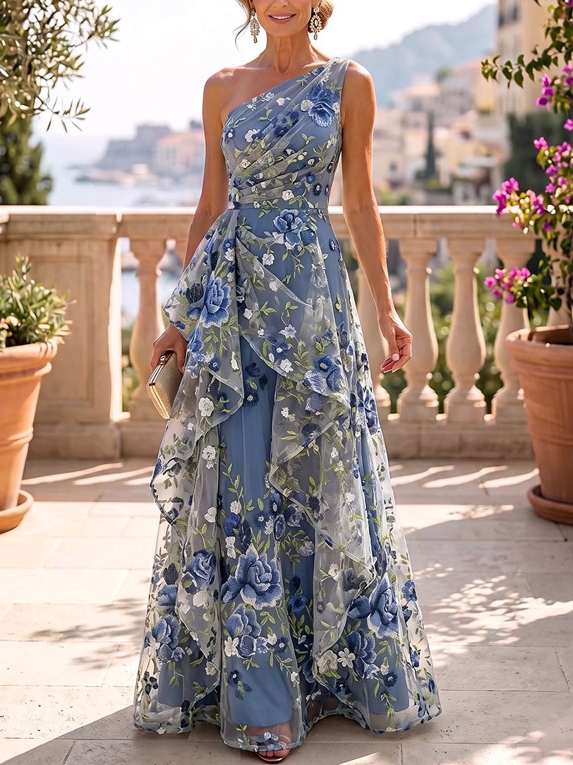 Dusty Blue One Shoulder Sleeveless A-Line Floral Embroidery Ruffle Overlay Dress