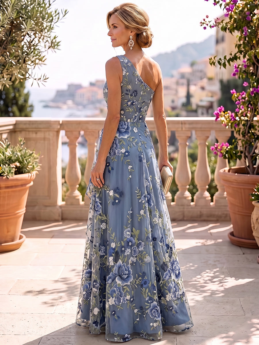 Dusty Blue One Shoulder Sleeveless A-Line Floral Embroidery Ruffle Overlay Dress