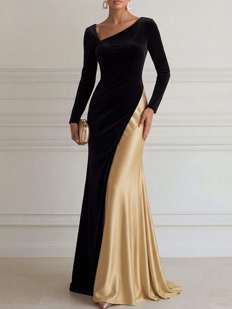 Black Gold One Shoulder Long Sleeve Mermaid Maxi Dress