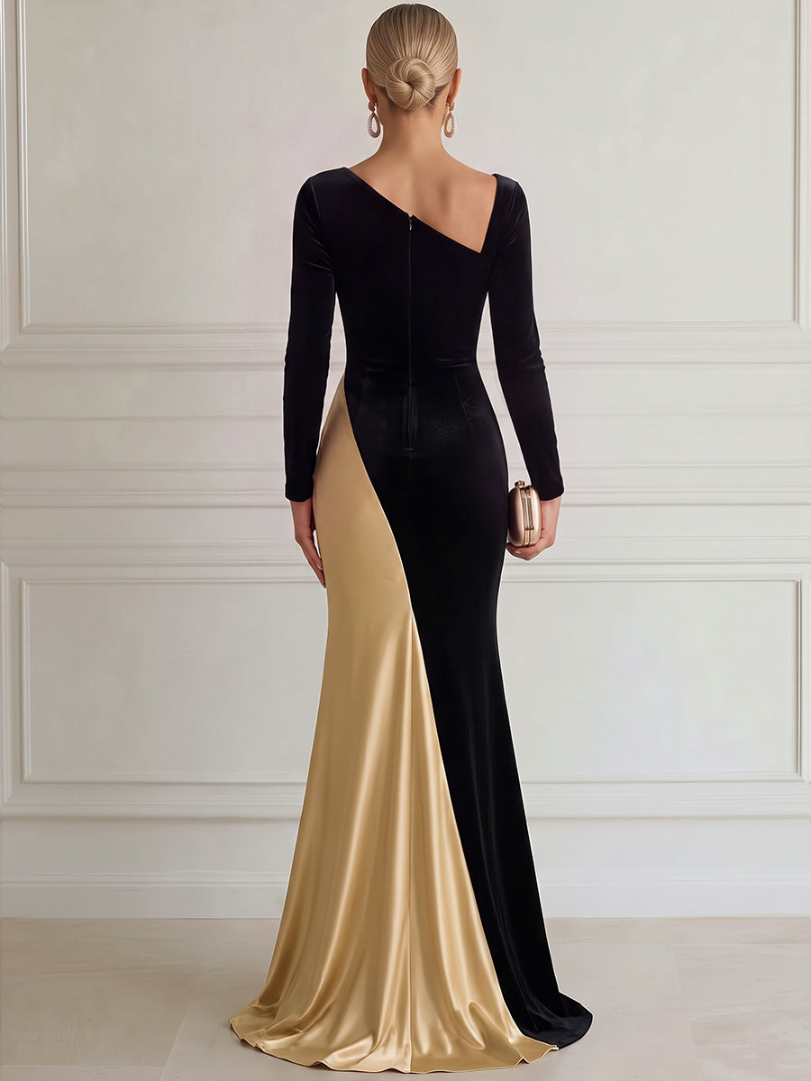 Black Gold One Shoulder Long Sleeve Mermaid Maxi Dress