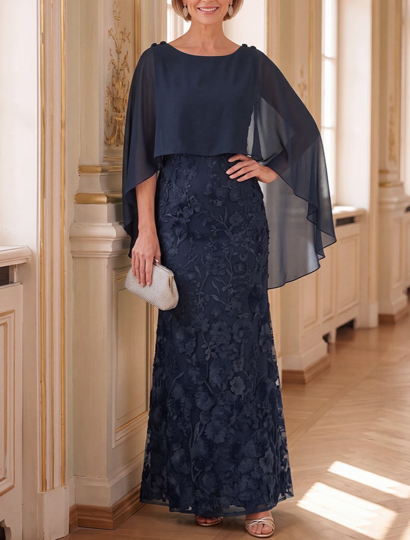 Navy Blue Chiffon Cape Floral Embroidered Mermaid Maxi Dress
