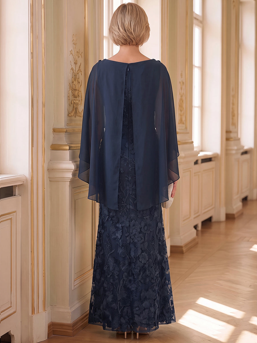 Navy Blue Chiffon Cape Floral Embroidered Mermaid Maxi Dress