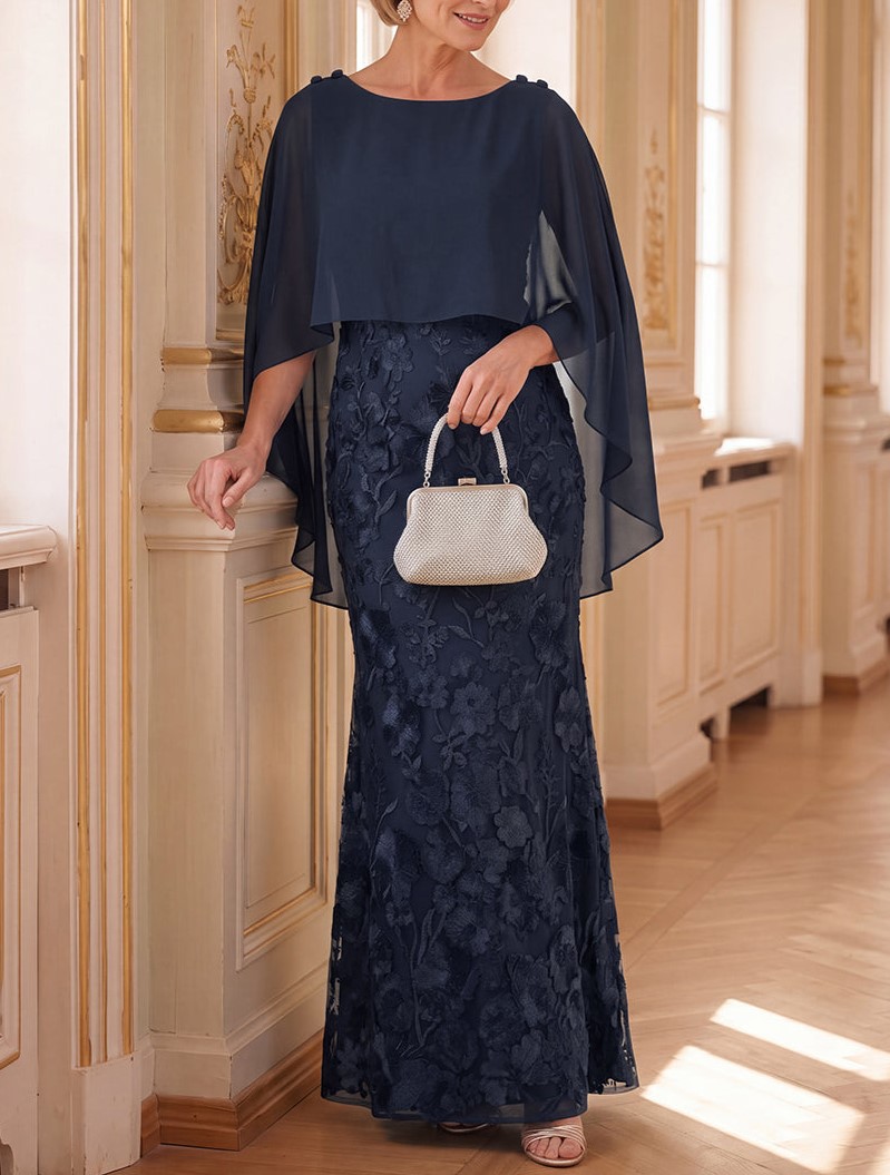 Navy Blue Chiffon Cape Floral Embroidered Mermaid Maxi Dress
