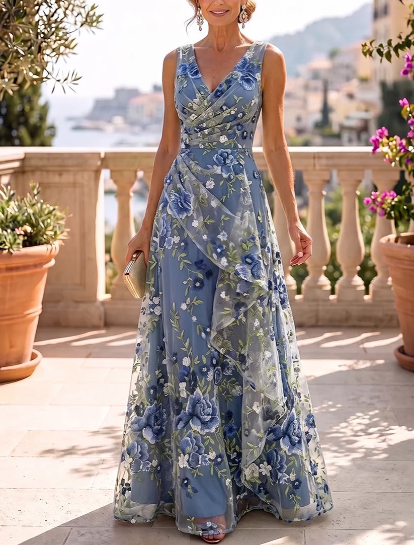 Dusty Blue Sleeveless V-Neck A-Line Floral Embroidery Floor Length Dress