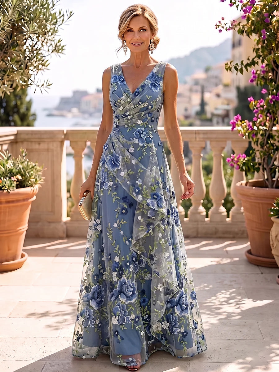 Dusty Blue Sleeveless V-Neck A-Line Floral Embroidery Floor Length Dress