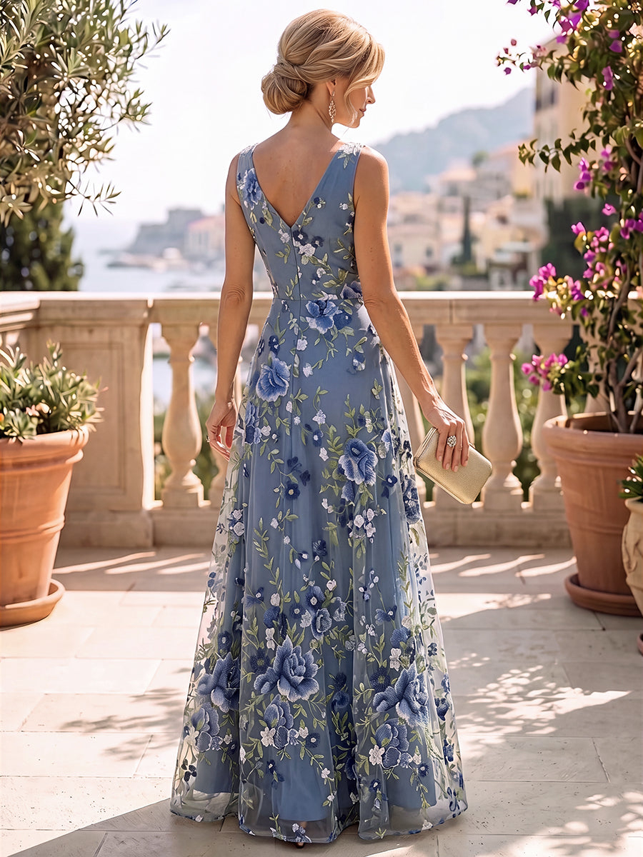 Dusty Blue Sleeveless V-Neck A-Line Floral Embroidery Floor Length Dress