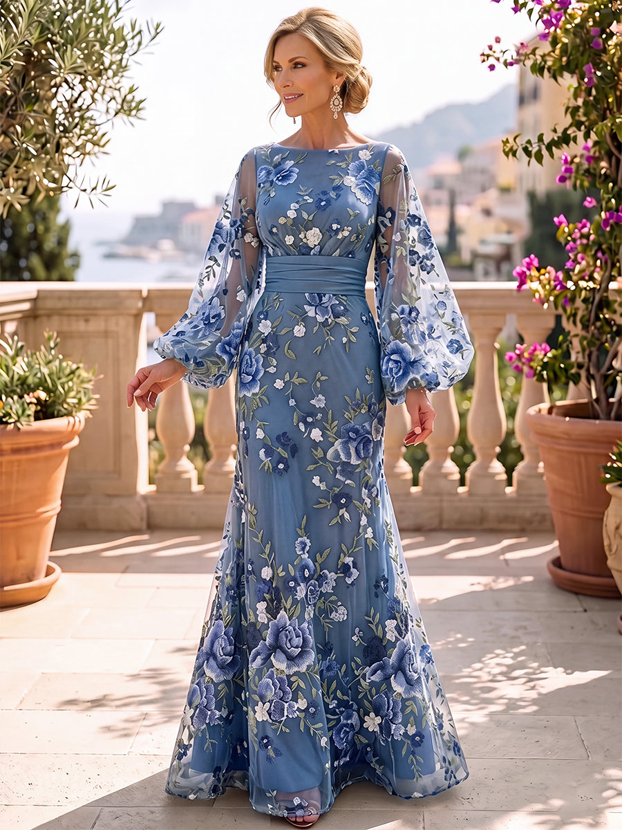 Dusty Blue Long Sleeve Boat Neck Mermaid Floral Embroidery Waist Sash Maxi Dress
