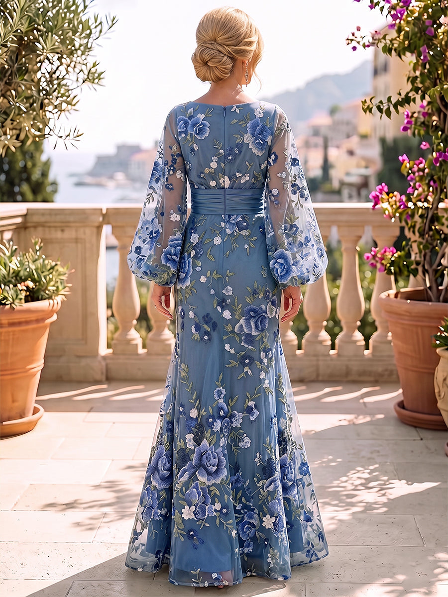 Dusty Blue Long Sleeve Boat Neck Mermaid Floral Embroidery Waist Sash Maxi Dress