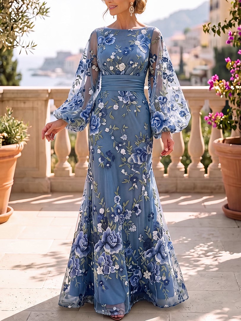 Dusty Blue Long Sleeve Boat Neck Mermaid Floral Embroidery Waist Sash Maxi Dress