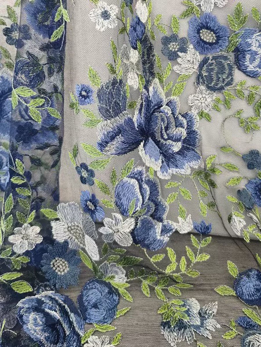 Dusty Blue One Shoulder Sleeveless A-Line Floral Embroidery Ruffle Overlay Dress
