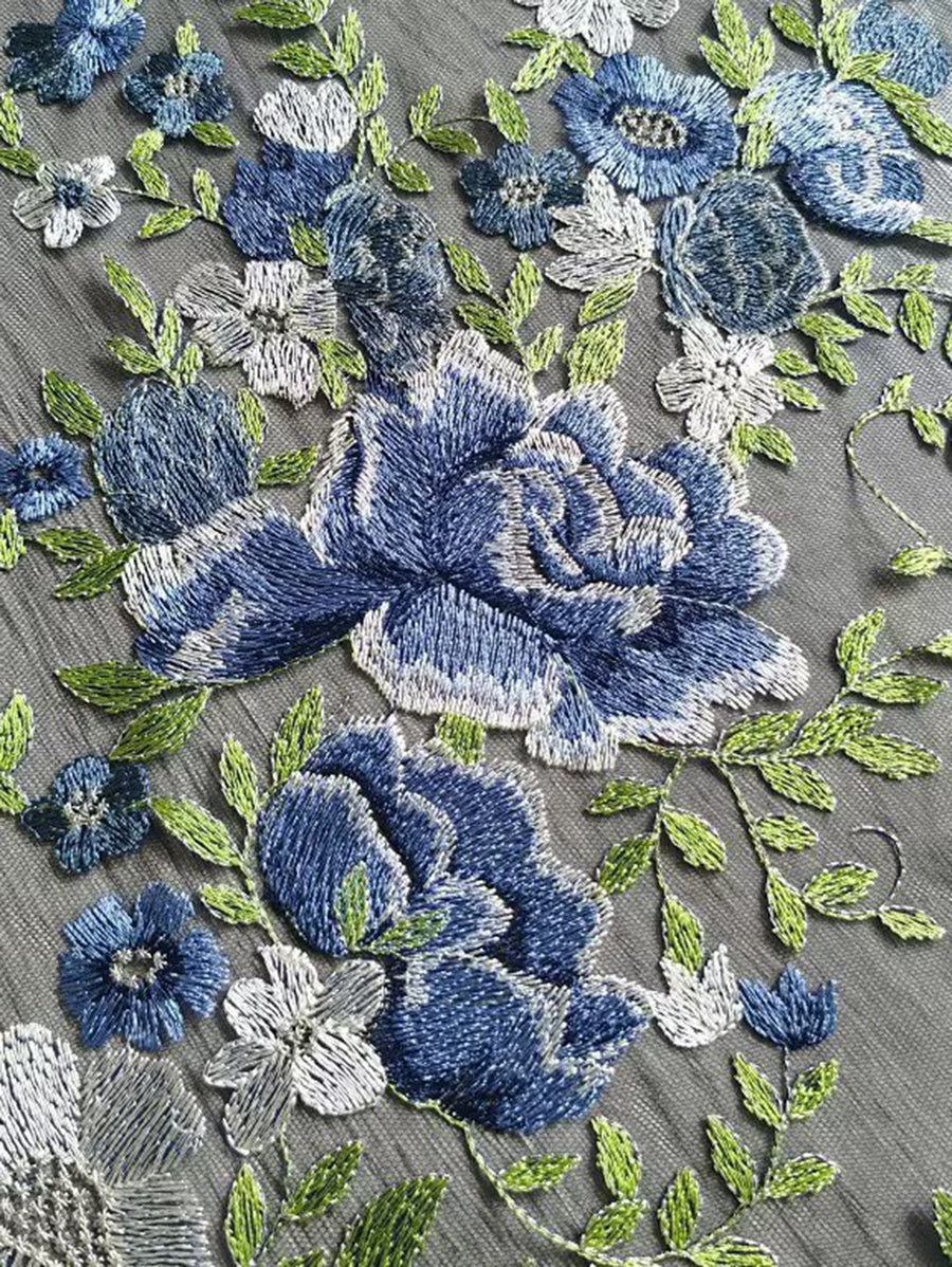 Dusty Blue One Shoulder Sleeveless A-Line Floral Embroidery Ruffle Overlay Dress