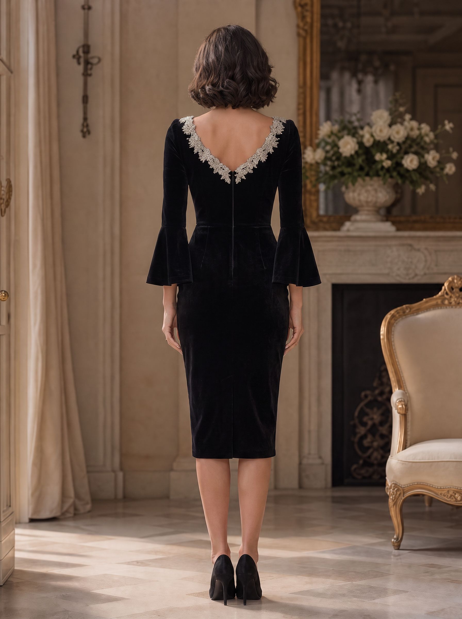 Black Beaded Scoop Neck Long Sleeve Knee-Length Cocktail Dress