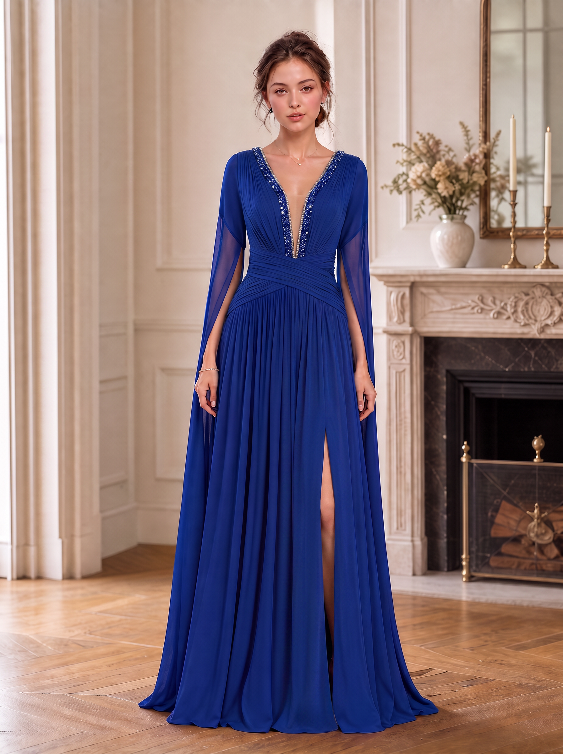 Royal Blue V-Neck Sleeveless Beaded Cape Sleeve A-Line Floor-Length Gown Dress