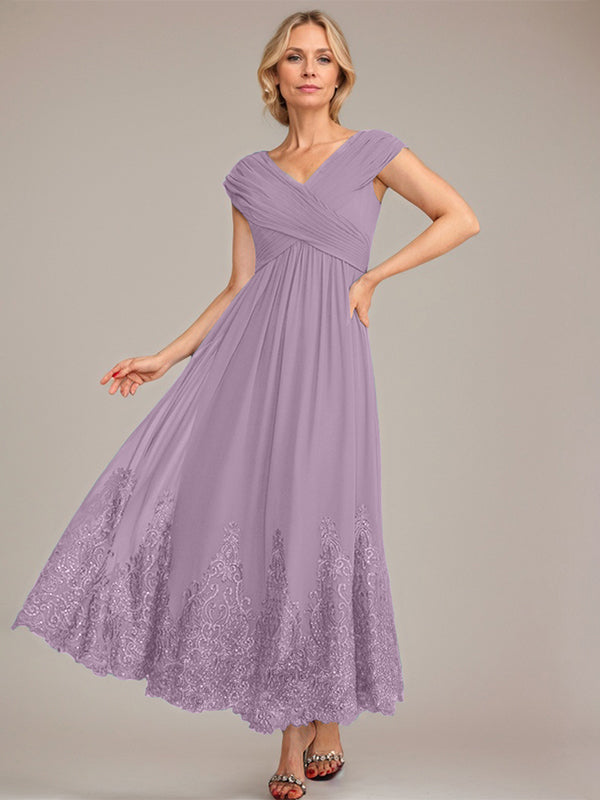 A-line V-Neck Ankle-Length Chiffon Mother of the Bride Dress With Applique Sequins