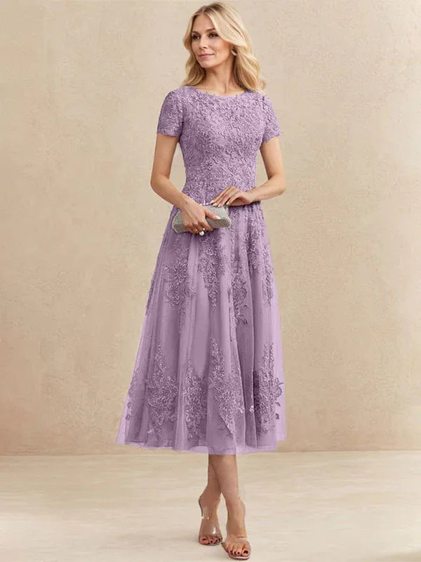 A-line Scoop Tea-Length Tulle Lace Mother of the Bride Dress