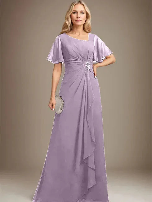 A-line Asymmetrical Floor-Length Chiffon Mother of the Bride Dress With Pleated Beading Sequins