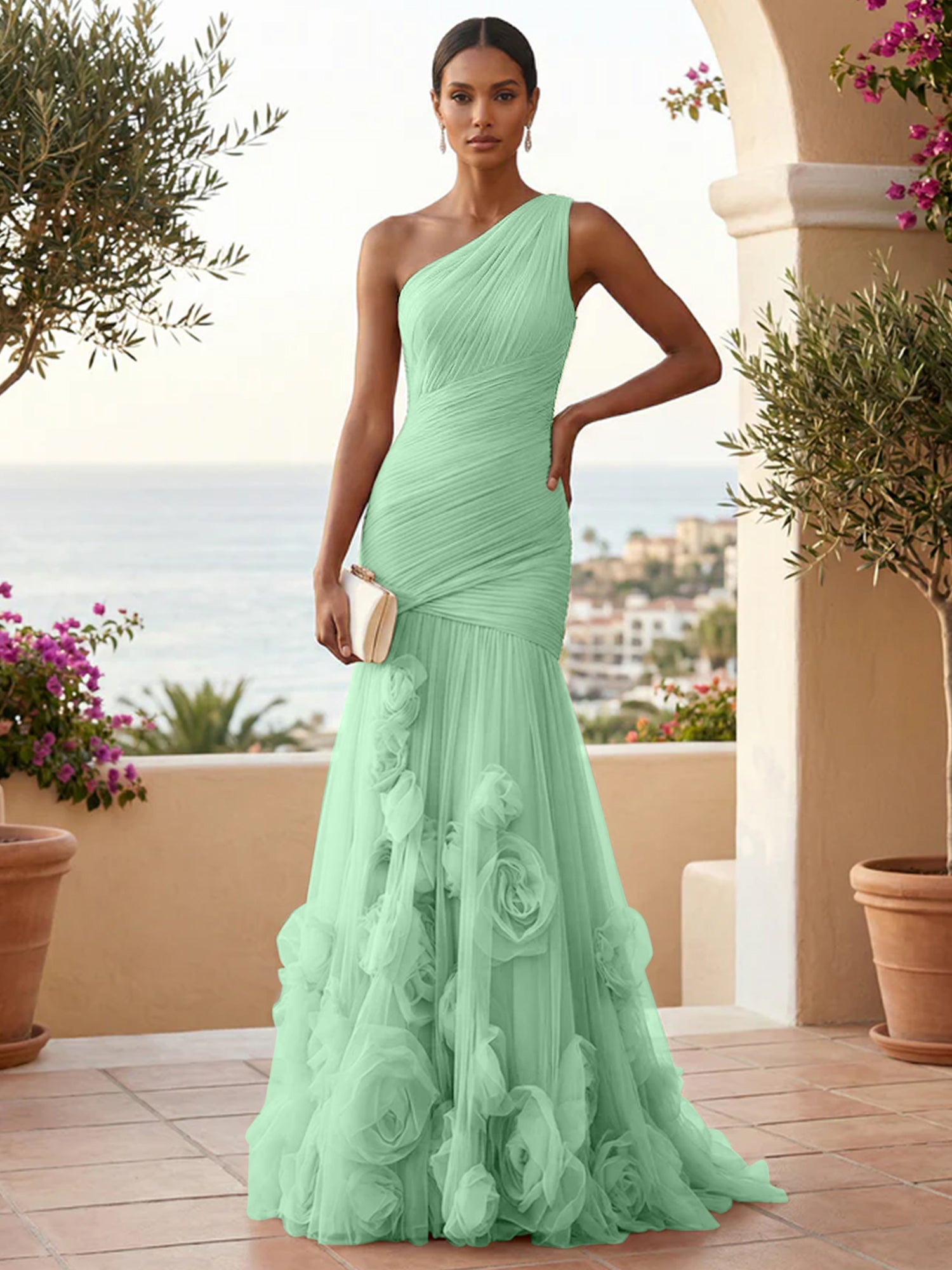 Sweetheart Tulle Pleat One Shoulder Mermaid Evening Dresses Gown with 3D Flower