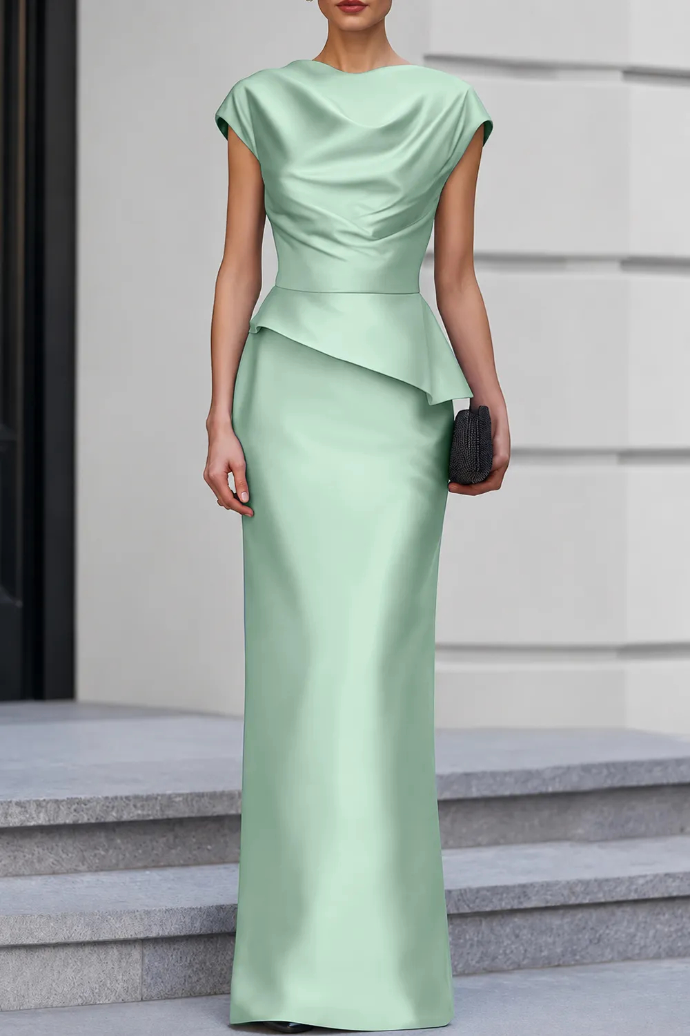 Navy Blue Cap Sleeve Satin Cowl Neck Peplum Maxi Dress