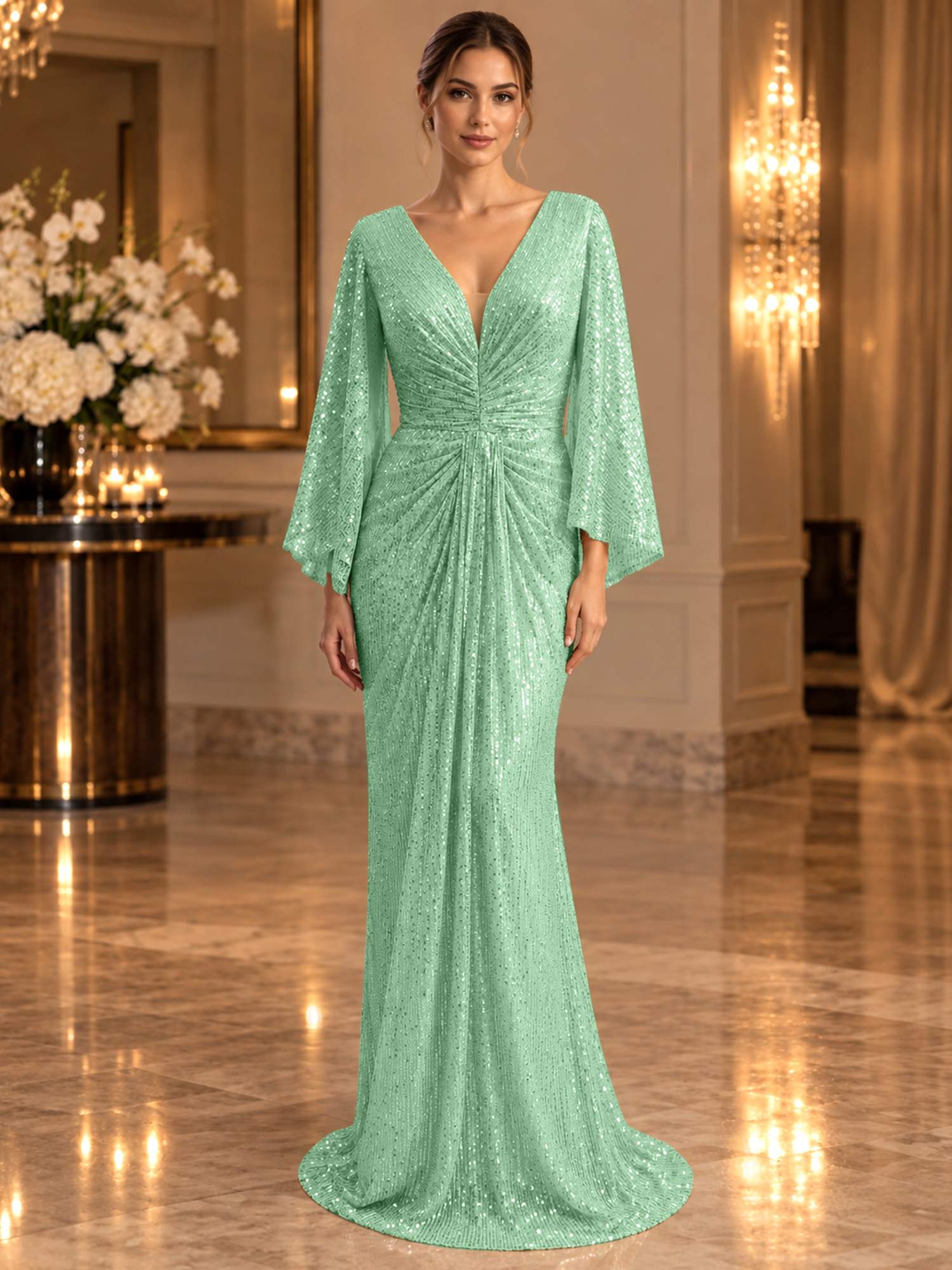 Gold Sequined V Neck Flare Sleeve Mermaid Maxi Dress