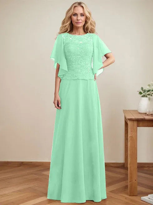 A-line Scoop Illusion Floor-Length Lace Chiffon Mother of the Bride Dress With Sequins