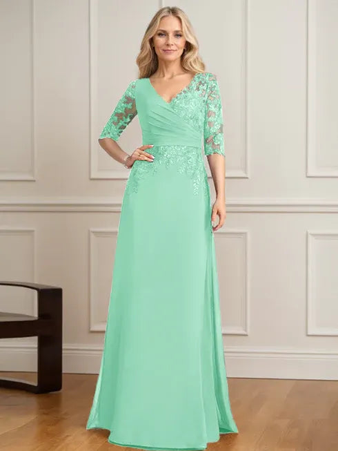 A-line V-Neck Floor-Length Lace Chiffon Mother of the Bride Dress With Pleated Sequins