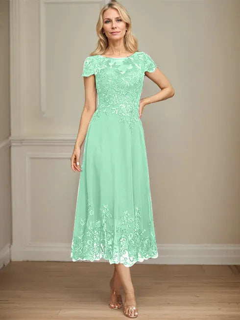 A-line Illusion Scoop Tea-Length Lace Chiffon Mother of the Bride Dress With Sequins