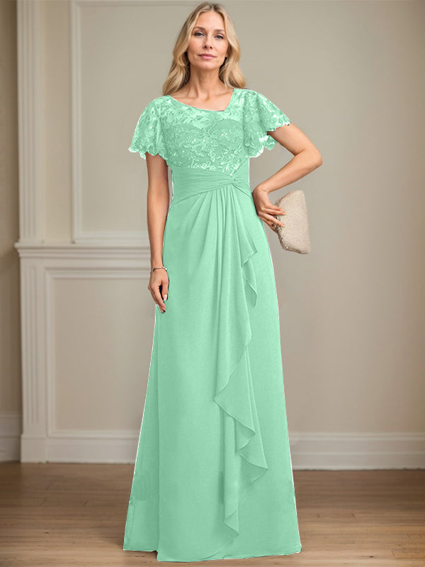 A-line Asymmetrical Illusion Floor-Length Lace Chiffon Mother of the Bride Dress With Cascading Ruffles Sequins