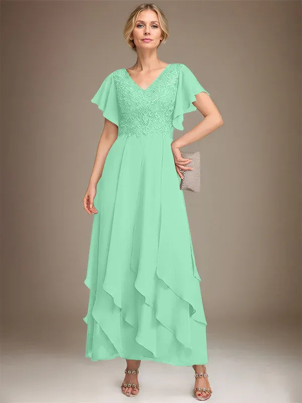 A-line V-Neck Ankle-Length Lace Chiffon Mother of the Bride Dress With Cascading Ruffles