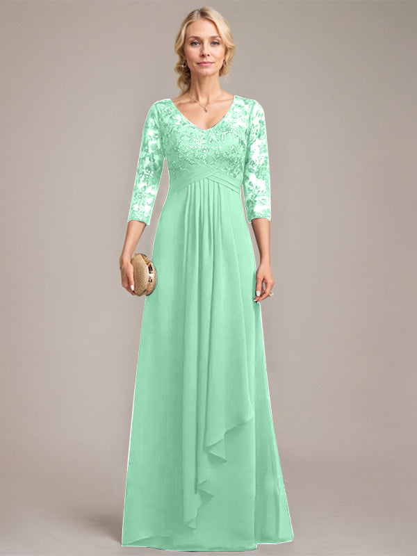 A-line V-Neck Floor-Length Lace Chiffon Mother of the Bride Dress With Cascading Ruffles Sequins