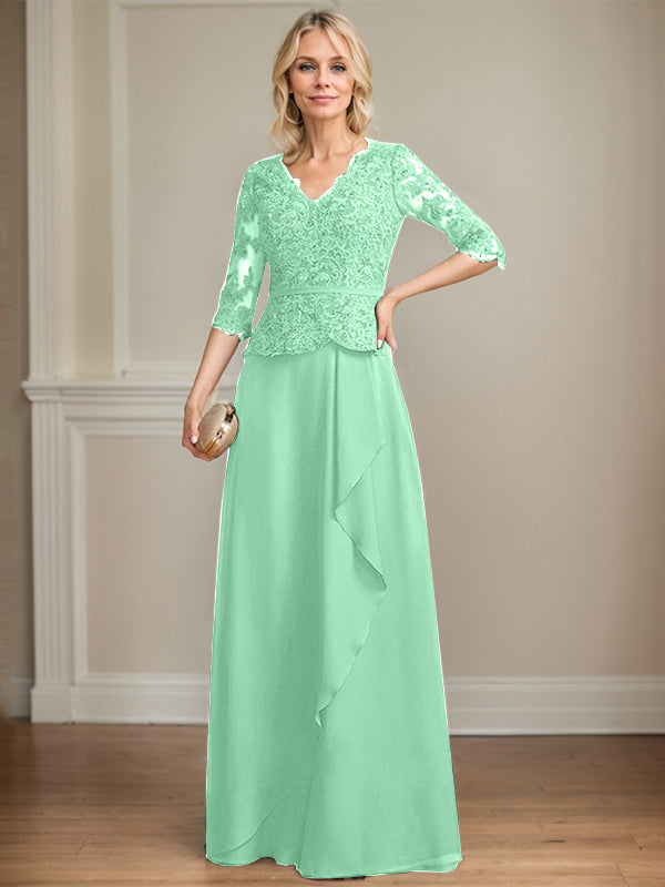 A-line V-Neck Floor-Length Lace Chiffon Mother of the Bride Dress With Cascading Ruffles Sequins