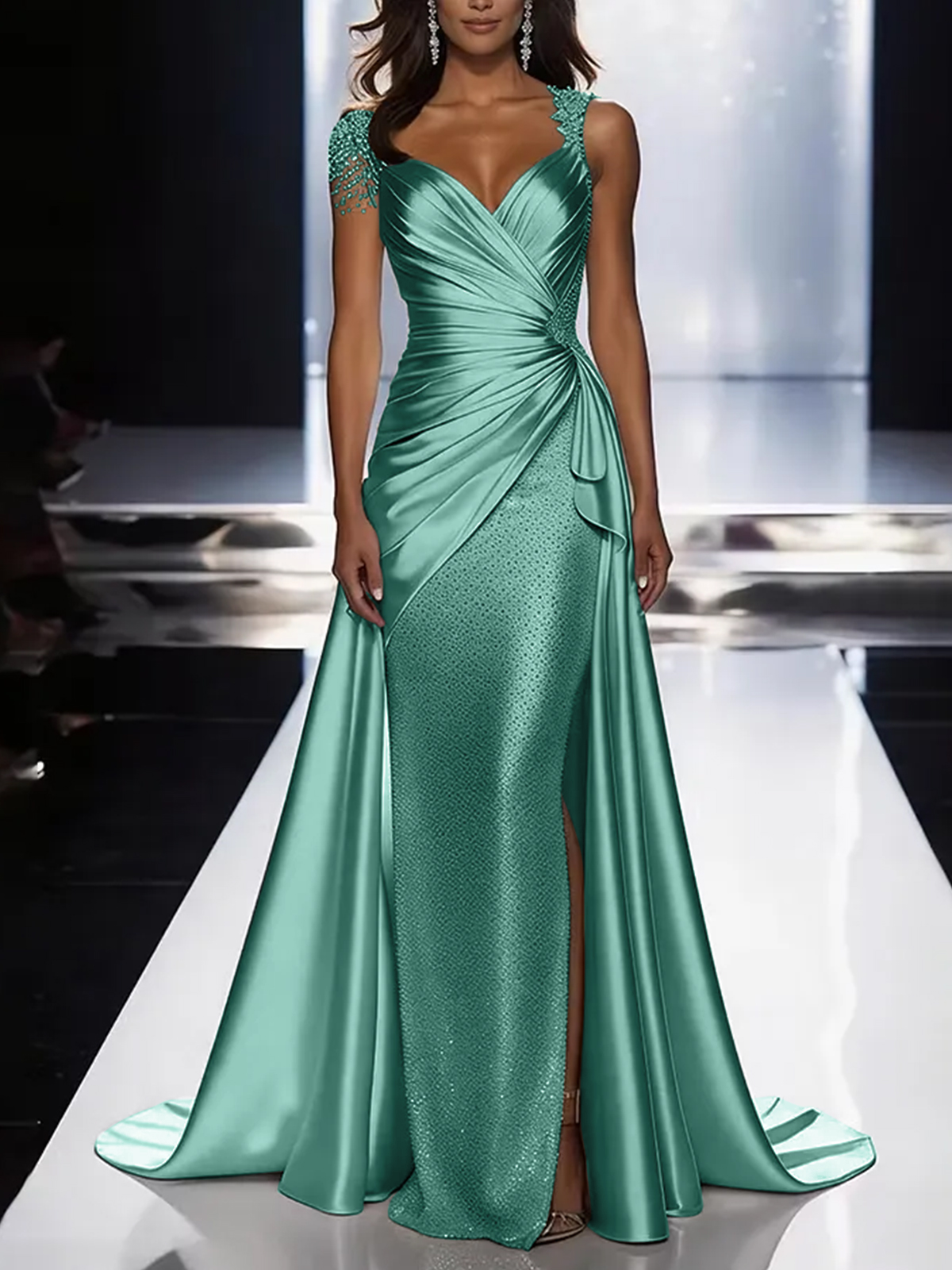 Silver Grey Deep V-Neck Draped Satin Metallic Mermaid Maxi Dress