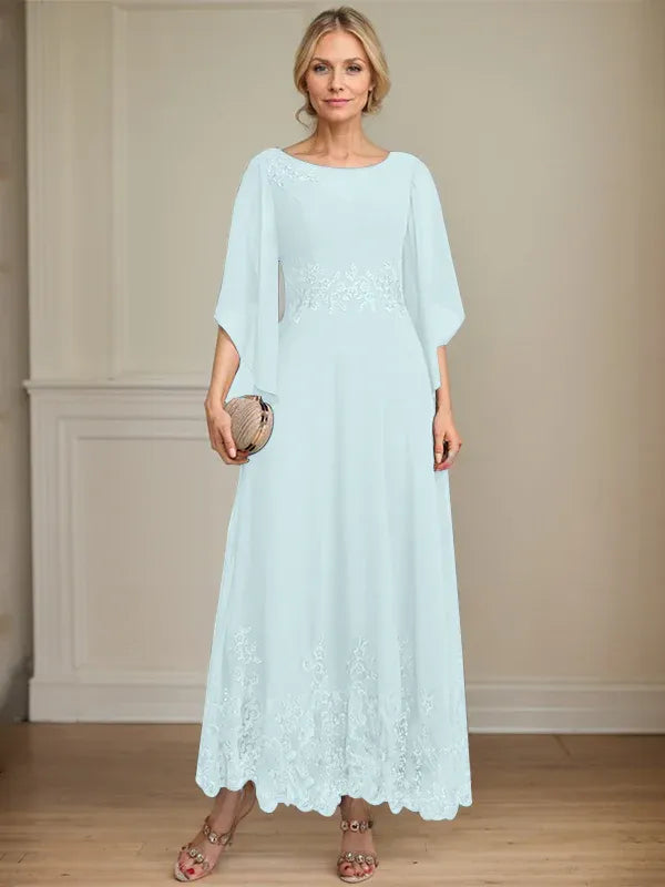 A-line Scoop Illusion Ankle-Length Lace Chiffon Mother of the Bride Dress With Sequins