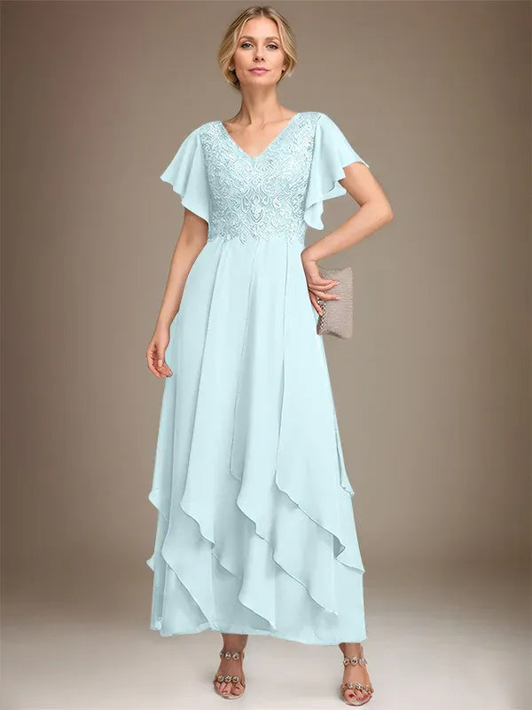 A-line V-Neck Ankle-Length Lace Chiffon Mother of the Bride Dress With Cascading Ruffles