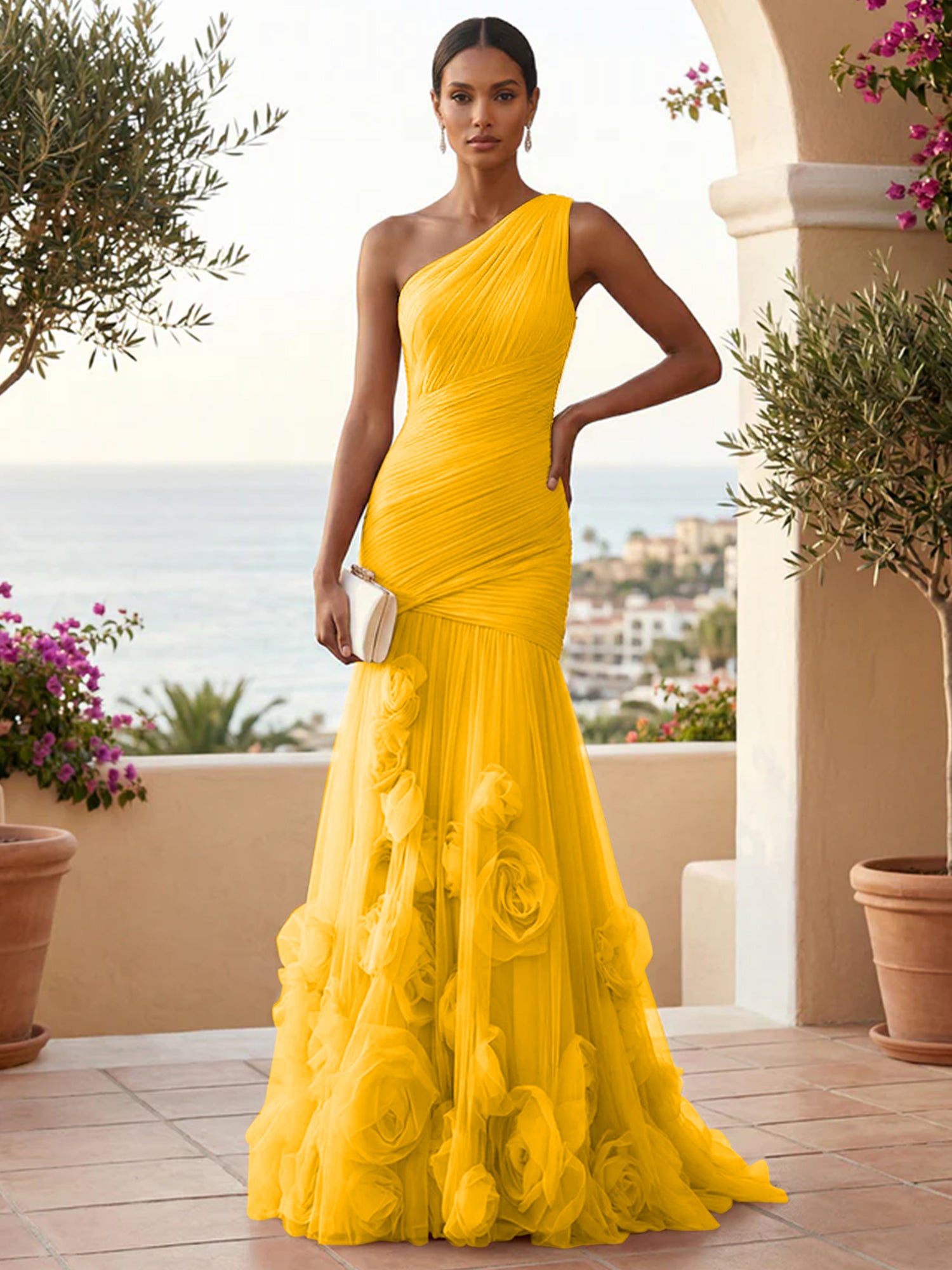 Sweetheart Tulle Pleat One Shoulder Mermaid Evening Dresses Gown with 3D Flower