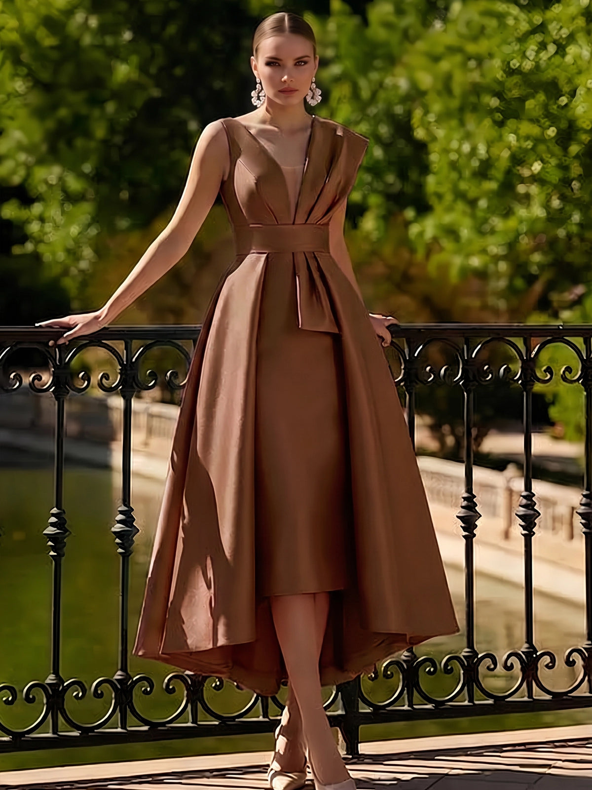 V‑Neck Sleeveless Satin High‑Low A‑Line Maxi Dress